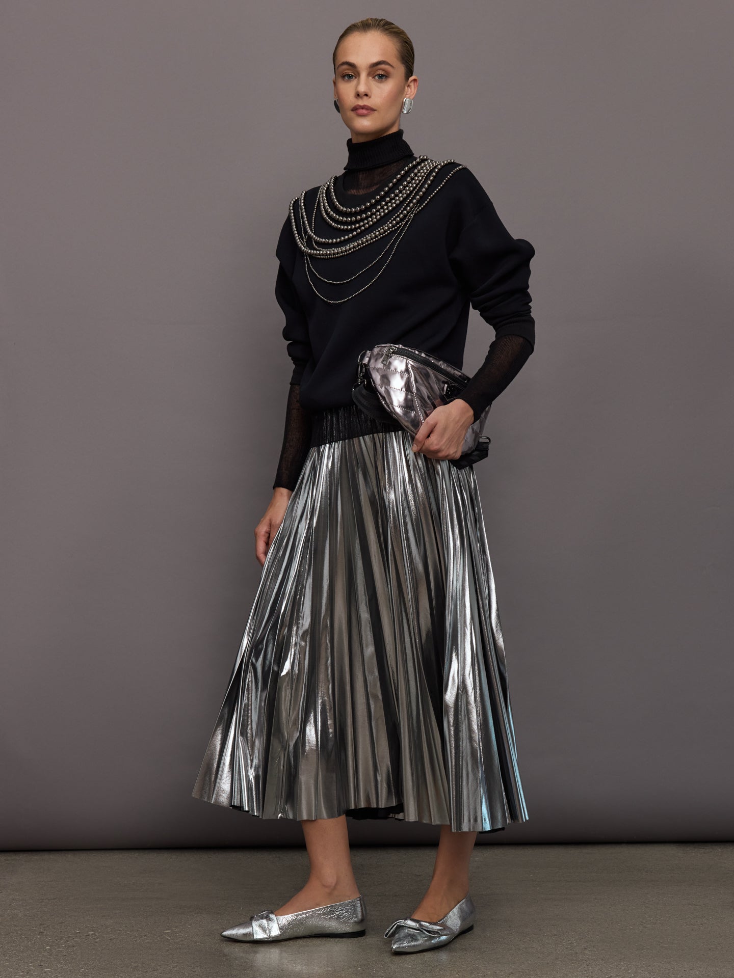 Metallic Pleated Skirt - Silver - Image 2