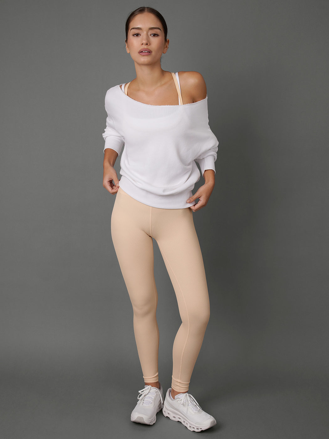 Contrast Waistband Legging in Ribbed Melt - Macadamia & White - Image 2